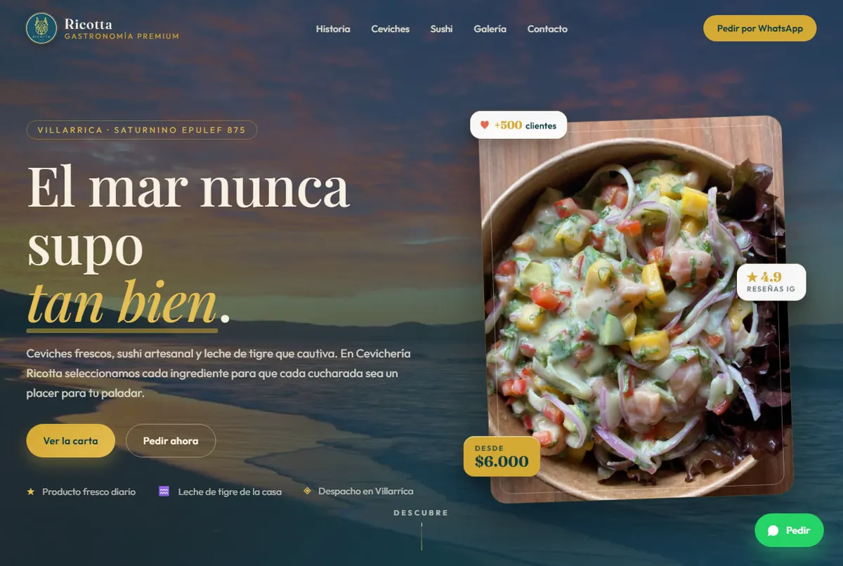 Portada del sitio web Cevichería Ricotta